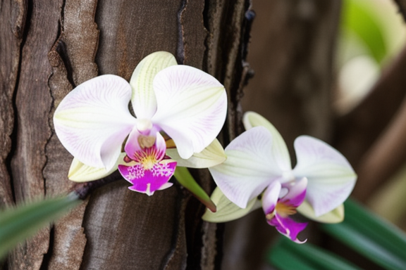 Orquídea Phalaenopsis crescendo em um tronco de árvore
