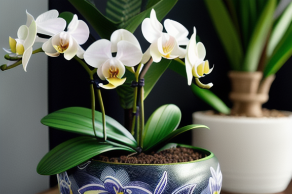 Phalaenopsis orchid blooming in a plastic pot