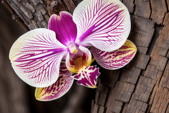 Orchid blooming on a dry tree trunk